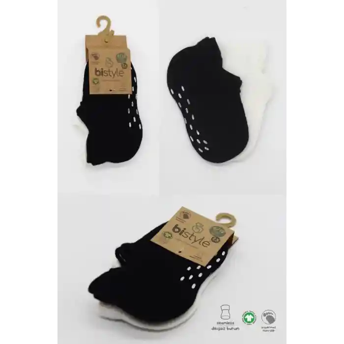 NessiWorld 2Li Sneakers Kaymaz Basic Penye Çorap BS20103 Siyah Ekru