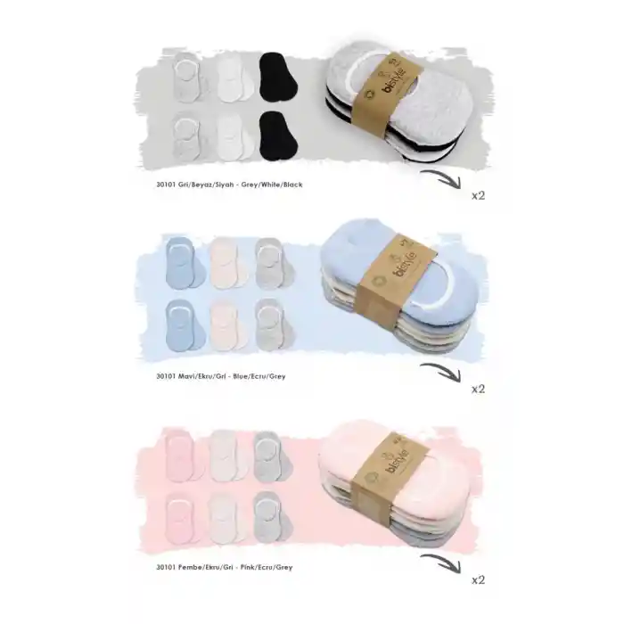 NessiWorld 6Lı Silikonlu Babet Penye Çorap BS30101B Mavi Ekru Gri