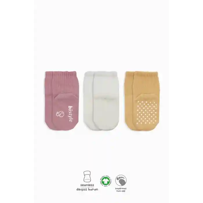 NessiWorld Basic Kaymaz Penye Soket Çorap 3Lü BS10106 Pudra Ekru Somon