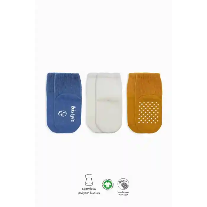 NessiWorld Basic Kaymaz Penye Soket Çorap 3Lü BS10107 İndigo Ekru Hardal