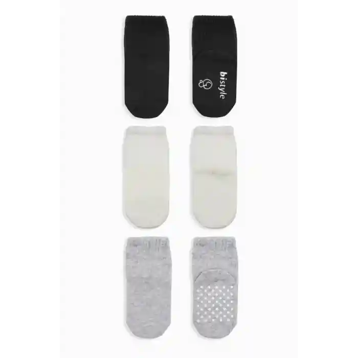 3Lü Basic Kaymaz Penye Soket Çorap 10107 Siyah Ekru Gri