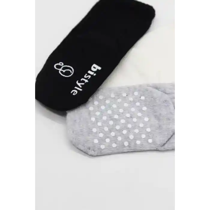 3Lü Basic Kaymaz Penye Soket Çorap 10107 Siyah Ekru Gri