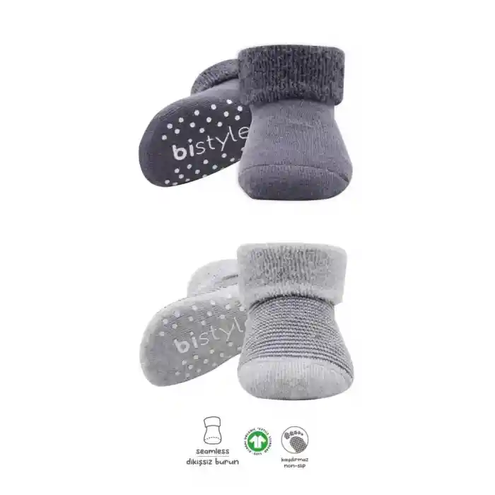 NessiWorld Çemberli Kaymaz Havlu Soket Çorap 2Li BS10503 Gri-Antrasit