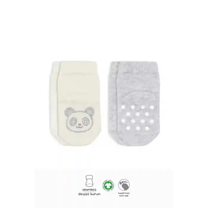 NessiWorld Hayvan Figürlü Kaymaz Soket Çorap 2Li BS10104 Gri Ekru