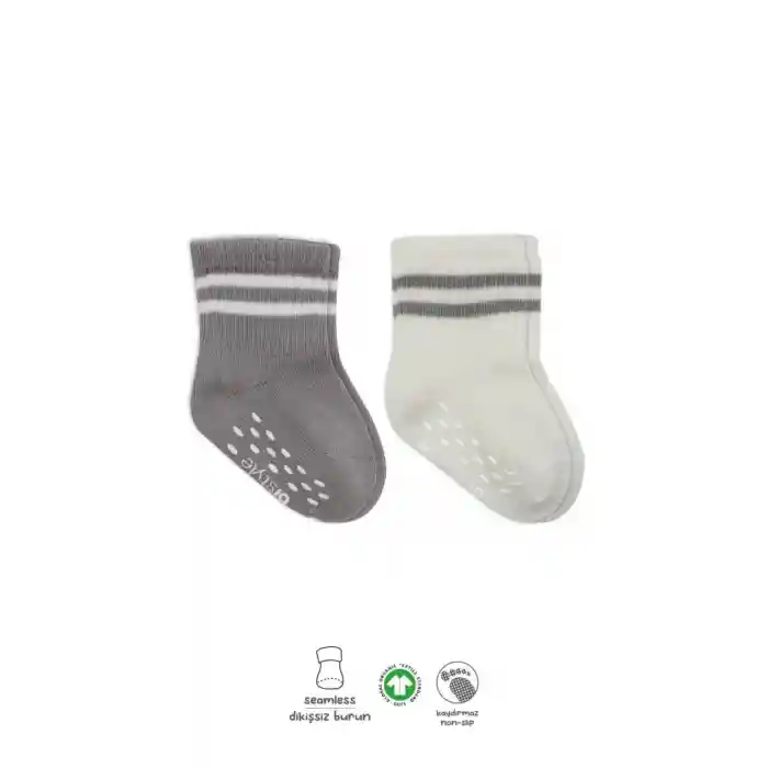 Çemberli Kaymaz Soket Çorap 2Li BS10125 Gri Ekru