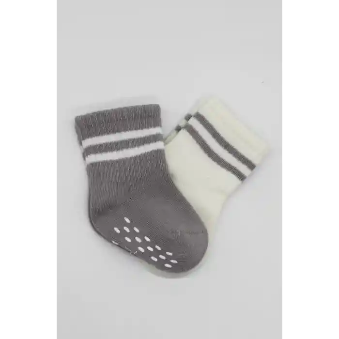 Çemberli Kaymaz Soket Çorap 2Li BS10125 Gri Ekru