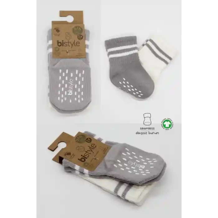 Çemberli Kaymaz Soket Çorap 2Li BS10125 Gri Ekru