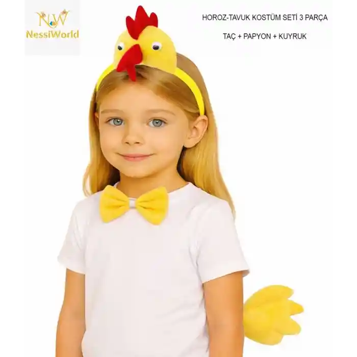 Çocuk Horoz Tavuk Kostüm Seti 3 Parça (Taç + Papyon + Kuyruk)