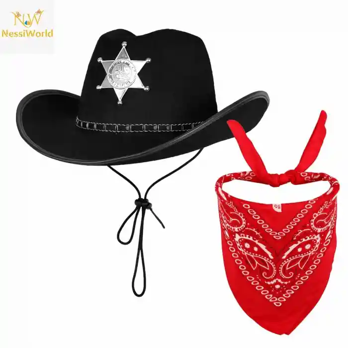 Çocuk Kovboy Şapka Rozetli Siyah & Kırmızı Bandana Seti