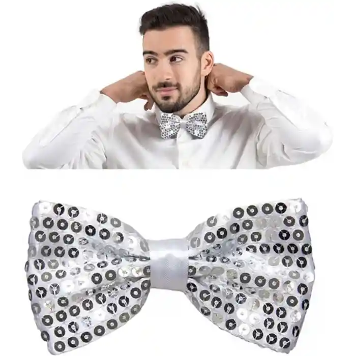 Gece Işıltısı Gümüş Payetli Pullu Papyon 7x2 cm