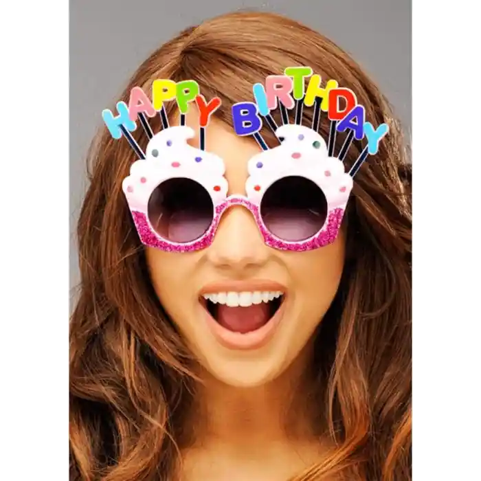 Happy Birthday Yazılı Beyaz Fuşya Renk Parti Gözlüğü 12x7 cm