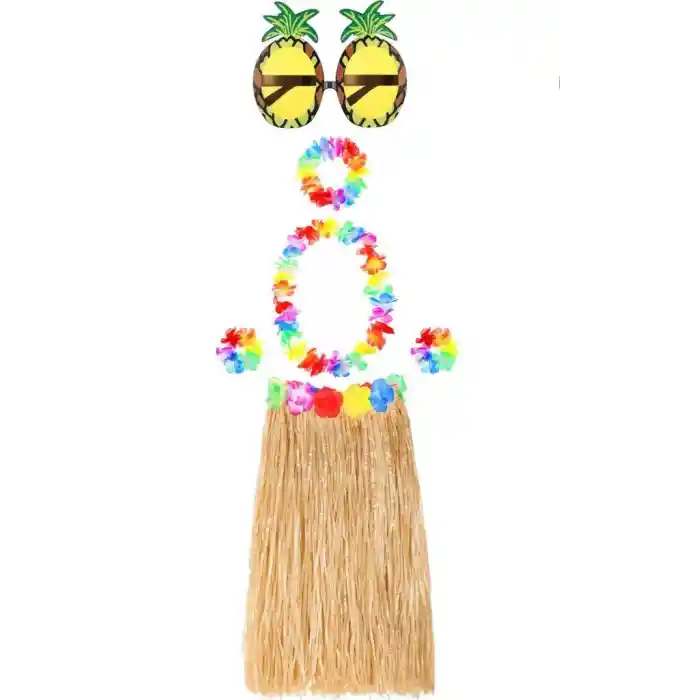 Hawaii Parti Kostüm Seti - 60 cm Hasır Etek, Çiçekli Aksesuarlar ve Ananas Gözlük NessiWorld