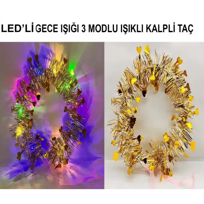 Kalp Püsküllü Gece Parıltısı 3 Modlu LED li Işıklı Taç Altın Renk