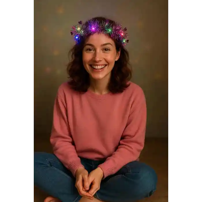 Kalp Püsküllü Gece Parıltısı 3 Modlu LED li Işıklı Taç Fuşya Renk