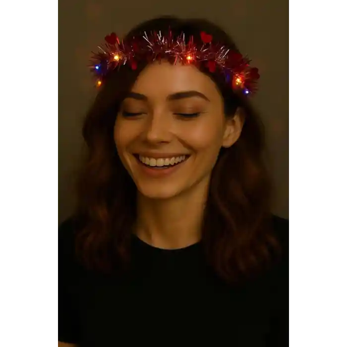 Kalp Püsküllü Gece Parıltısı 3 Modlu LED'li Işıklı Taç Kırmızı Renk