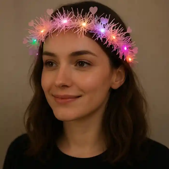 Kalp Püsküllü Gece Parıltısı 3 Modlu LED li Işıklı Taç Pembe Renk