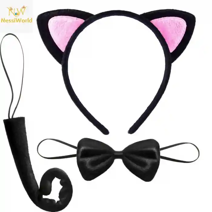 Kedi Kulak Taç Kuyruk ve Papyon 3 lü Set Çocuk Boy Pembe Renk