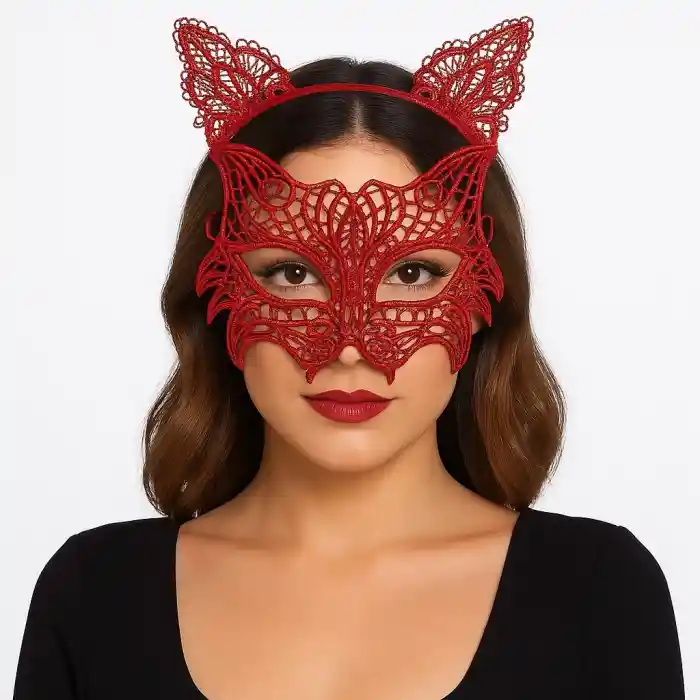 Kırmızı Dantel Kedi Maskesi ve Dantel Taç Seti – Kadın Kostüm ANessiWorldesuarı