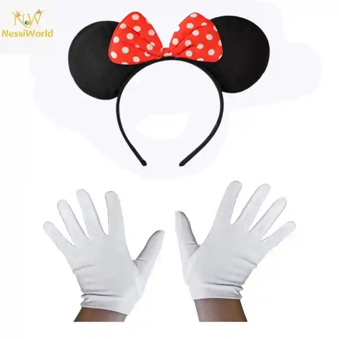 Kırmızı Fiyonklu Minnie Mouse Tacı ve Beyaz Eldiven Seti