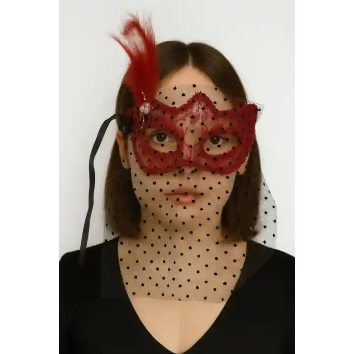 Kırmızı Renk Dantelli Duvaklı Parti Maskesi Balo