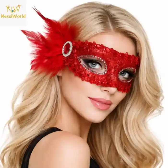 Kırmızı Taşlı Venedik Parti Maskesi – Tüylü Payetli