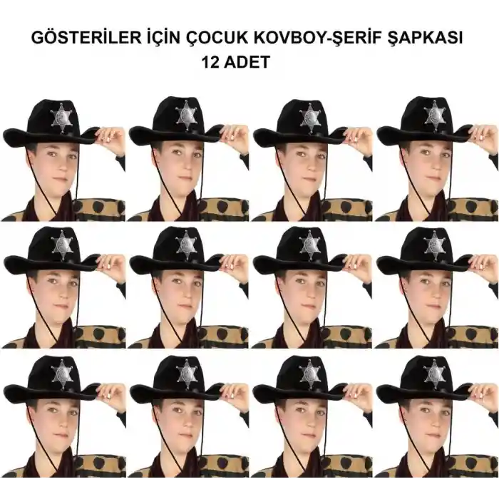 Kovboy Şerif Şapkası Siyah 12 Adet - Kostüm, Parti ve Gösteri Şapkası