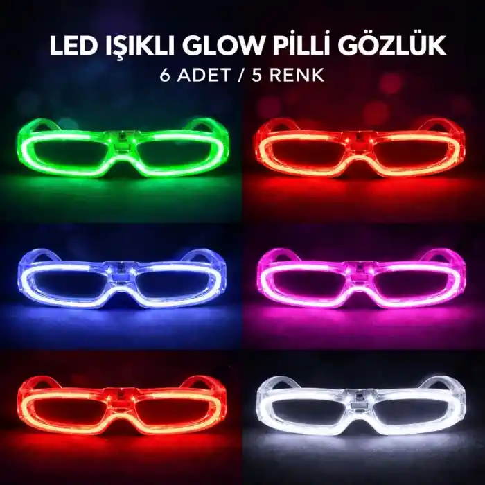 LED Işıklı Glow Pilli Parti Gözlüğü - Efektli 6 Adet 5 Renk