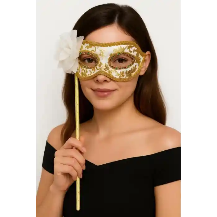 NessiWorld Lüks Taşlı Saplı Maskeli Balo Maskesi Beyaz Renk 35 cm