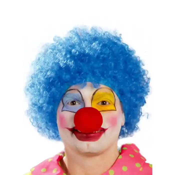Mavi Renk Kıvırcık Afro Bonus Peruk Takma Saç ve Kırmızı Burun Seti