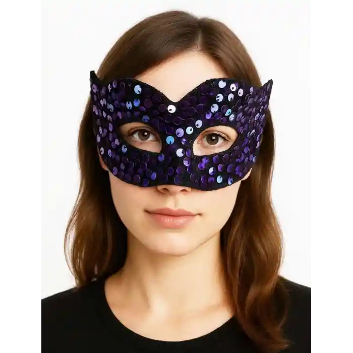 Mor Renk Arkadan Lastikli Pul Payet İşlemeli Balo After Parti Maskesi