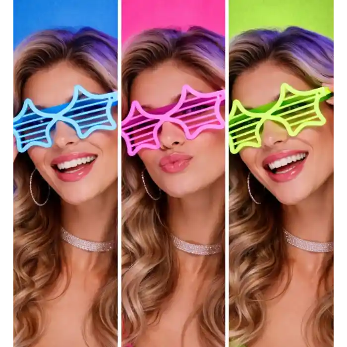 Neon Fosforlu Yıldız Panjur Gözlük 12 Adet – 80’ler 90’lar Parti Stili