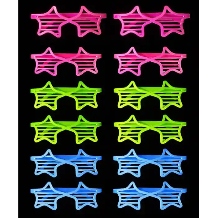 Neon Fosforlu Yıldız Panjur Gözlük 12 Adet – 80’ler 90’lar Parti Stili