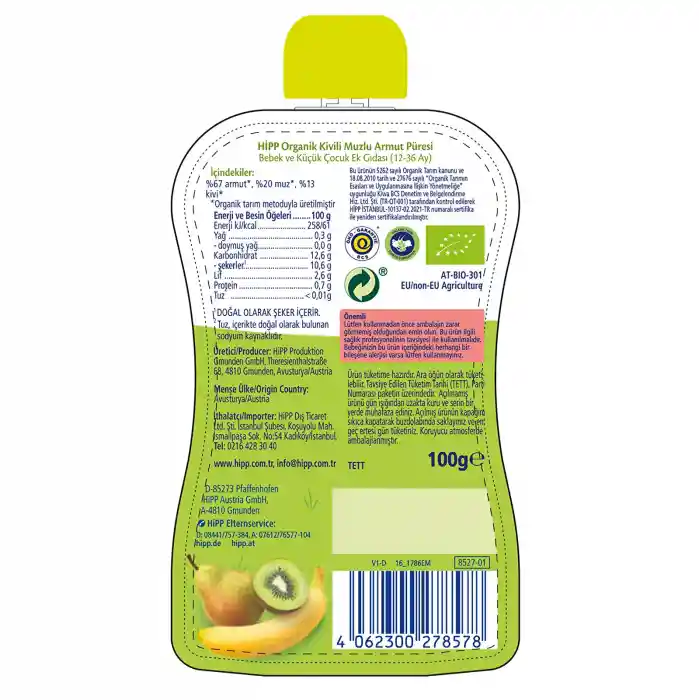Organik Kivili Muzlu Armut Püresi 100 Gr