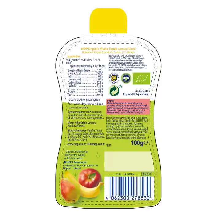 Organik Muzlu Elmalı Armutlu Meyve Püresi 100 Gr