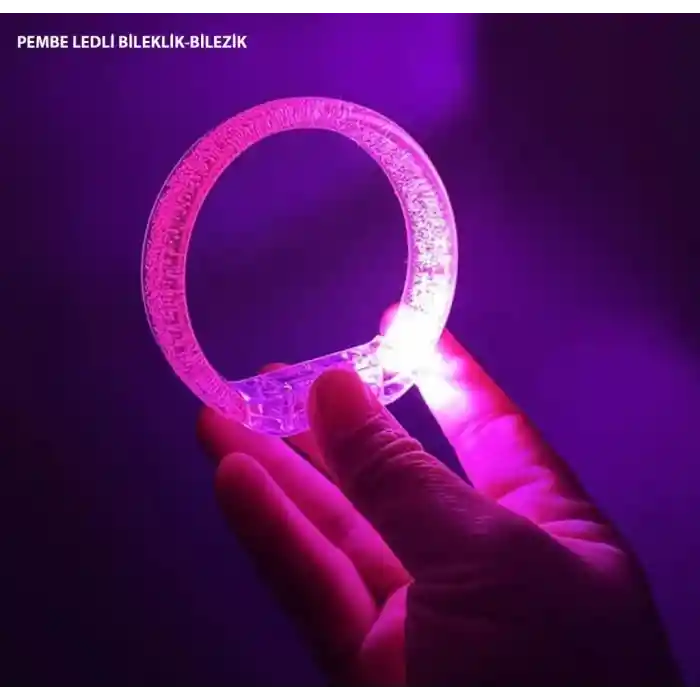Pembe Led Işıklı Baskı Yapılabilen Pilli Bileklik Bilezik 1,5 cm Genişlik