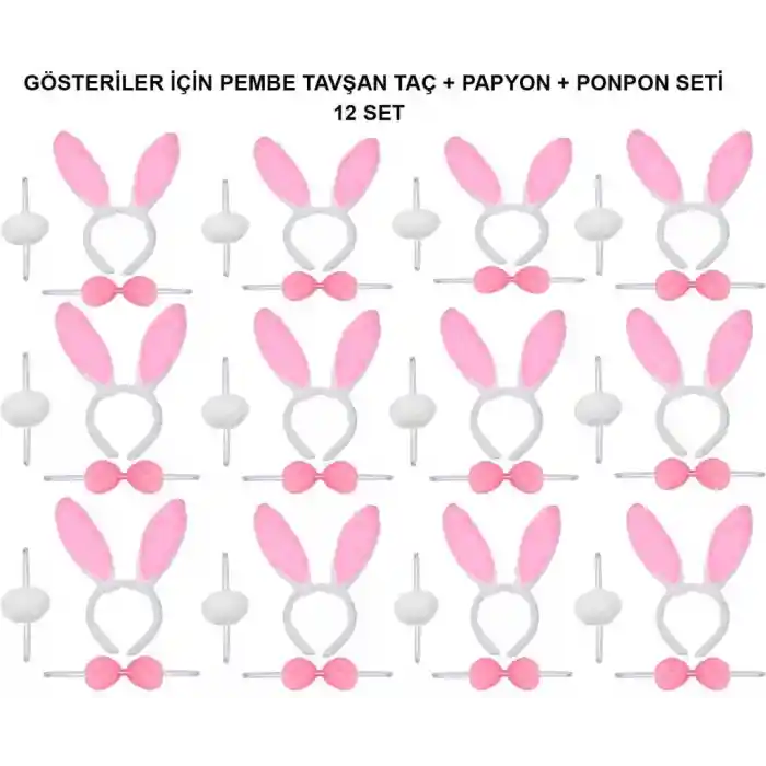 Pembe Tavşan Kostüm Seti – Taç, Papyon, Ponpon (12’li Paket)