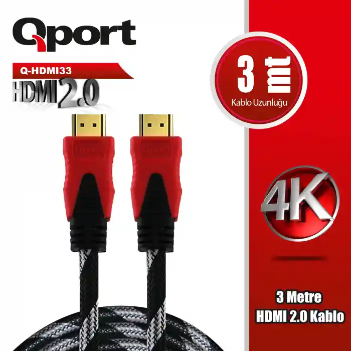 QPORT Q-HDMI33 HDMI KABLO 3MT Ver 2.0 4K ALTIN UÇLU