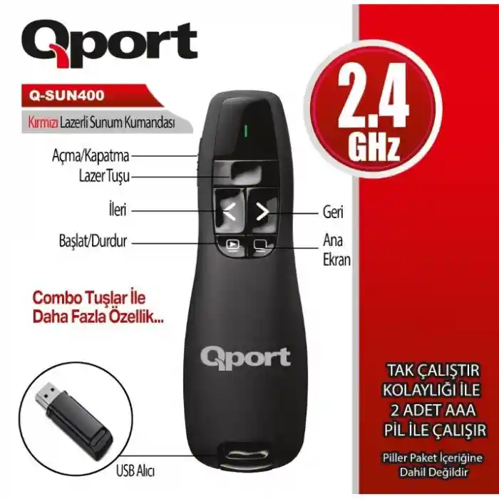 QPORT Q-SUN400 2.4 GHz KIRMIZI LAZERLİ KABLOSUZ PRESENTER SİYAH