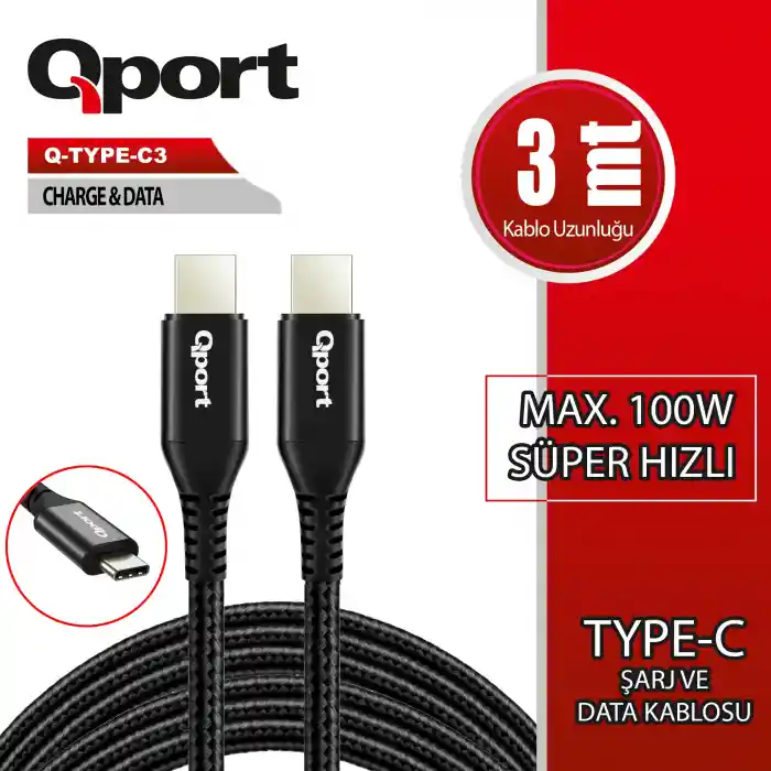 QPORT Q-TYPE-C3 3M TYPE-C 100W ŞARJ VE DATA KABLOSU