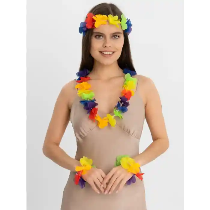 Rengarenk Hawaii Kolye Taç Bileklik Seti 4 Parça