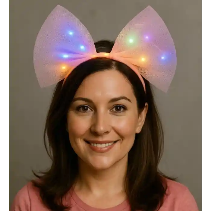 Rengarenk Led Işıklı Fiyonk Şekilli Tül Parti Tacı Pembe Renk 25x25 cm