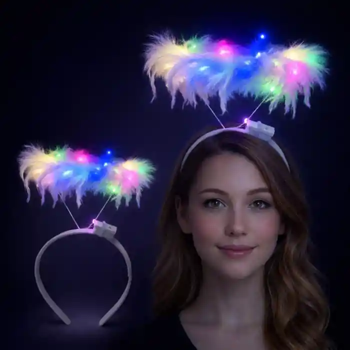 Renkli LED Işıklı Beyaz Tüylü Püsküllü Parti Tacı
