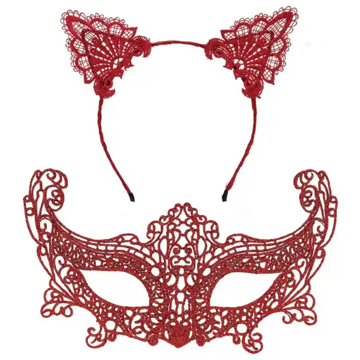 Romantik Kırmızı Dantel Maske Seti – Kedi Kulaklı Taç ve Maske 3 No
