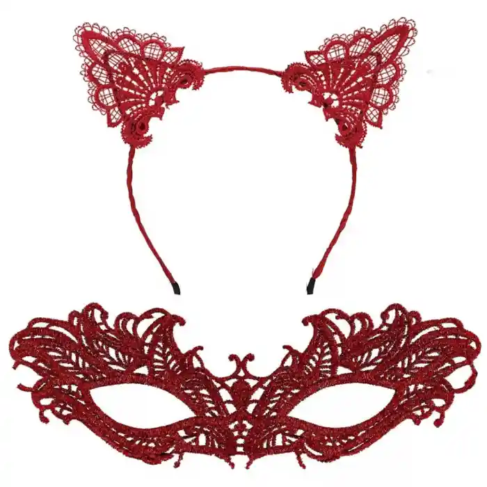 Şık Kırmızı Dantel Maske ve Taç Seti 5 No – Maskeli Balo & Özel Etkinlikler
