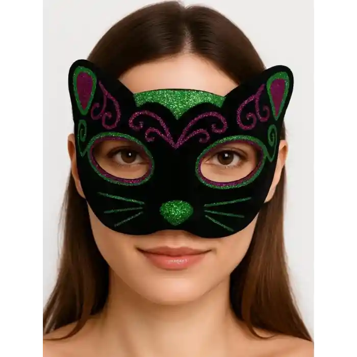Siyah Kadife Kaplama Üzeri Pembe Yeşil Sim İşlemeli Kedi Maskesi 20x13 cm