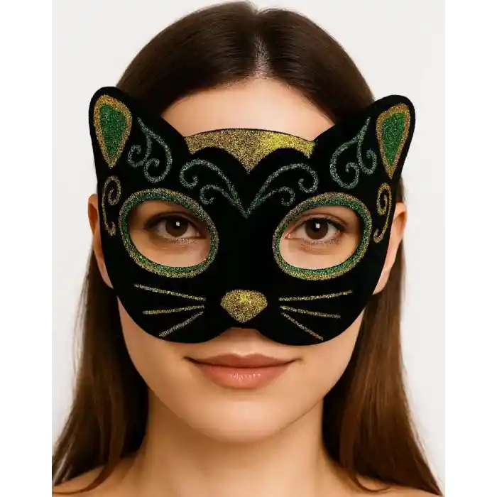 Siyah Kadife Kaplama Üzeri Sarı Yeşil Sim İşlemeli Kedi Maskesi 20x13 cm