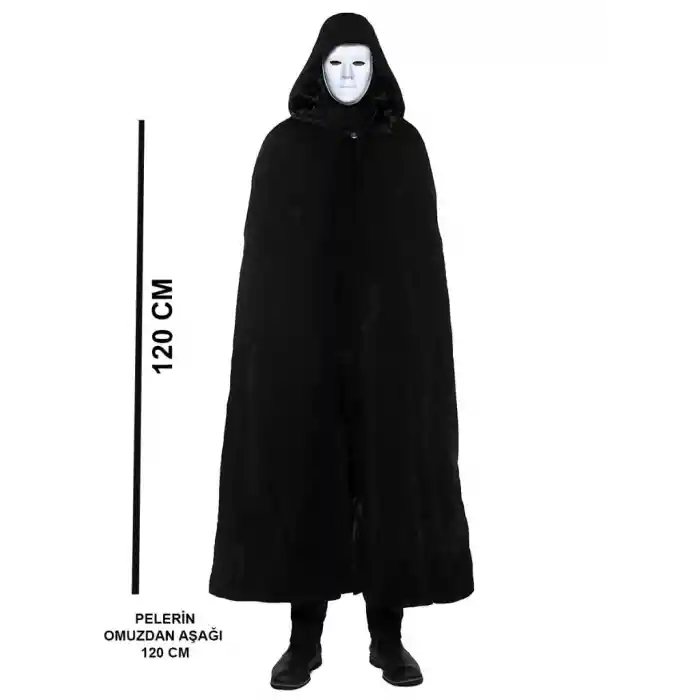 Siyah Kapüşonlu 120 cm Pelerin ve Beyaz Boyanabilir Tam Yüz Maske