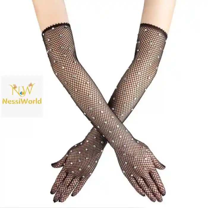 Siyah Renk İncili Elmas İşlemeli File Örgü Uzun Eldiven 45 cm