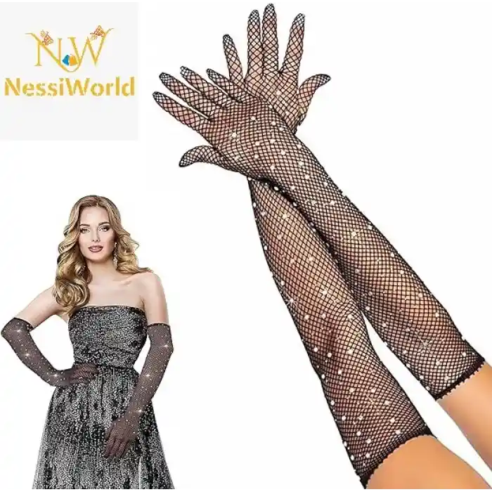 Siyah Renk İncili Elmas İşlemeli File Örgü Uzun Eldiven 45 cm