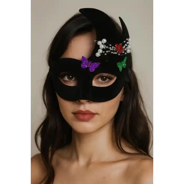 Siyah Renk İncili Taşlı Süet Kaplama Venedik Parti Maskesi 20x22 cm